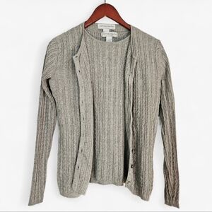 Sutton Studio Cashmere Silk Light Gray Cable Knit Button Up Cardigan & Tee Set L